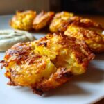 Close-up of golden brown, crispy Sheet Pan Crispy Smashed Potatoes served with a dollop of creamy garlic aioli.