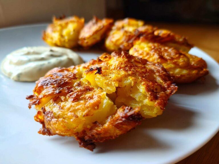 Close-up of golden brown, crispy Sheet Pan Crispy Smashed Potatoes served with a dollop of creamy garlic aioli.