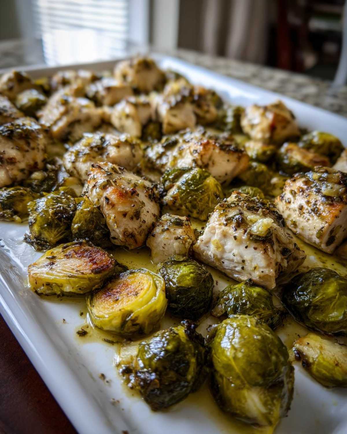 Close-up of cooked Sheet Pan Garlic Butter Chicken and Brussels Sprouts glistening in butter sauce on a white platter.