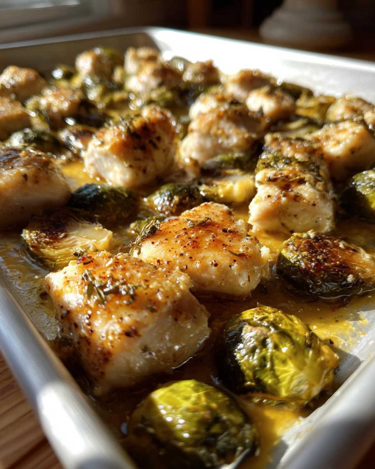 Close-up of juicy chicken pieces and roasted Brussels sprouts coated in garlic butter sauce on a sheet pan.