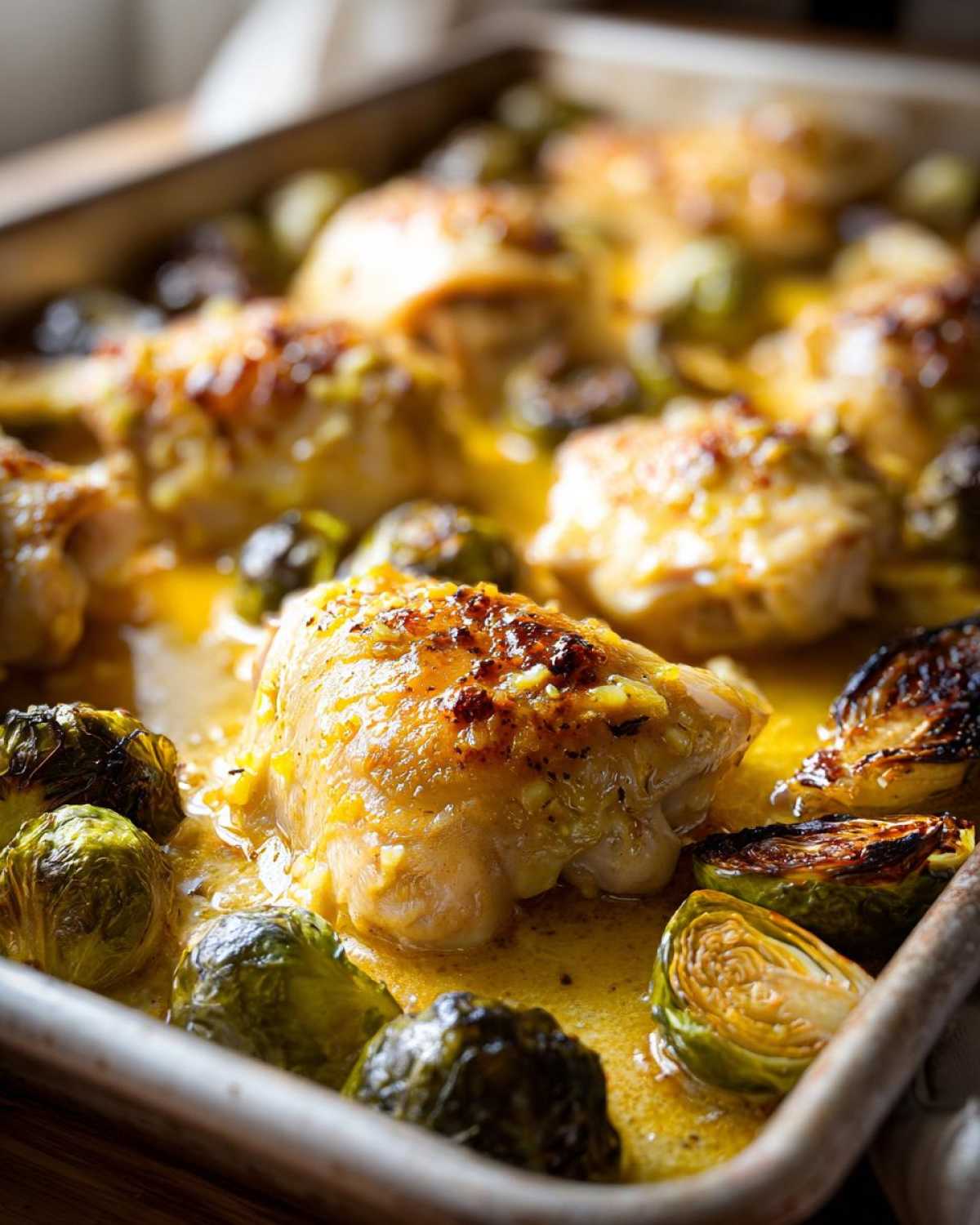 Close-up of juicy Sheet Pan Garlic Butter Chicken and Brussels Sprouts glistening in butter sauce on a baking sheet.
