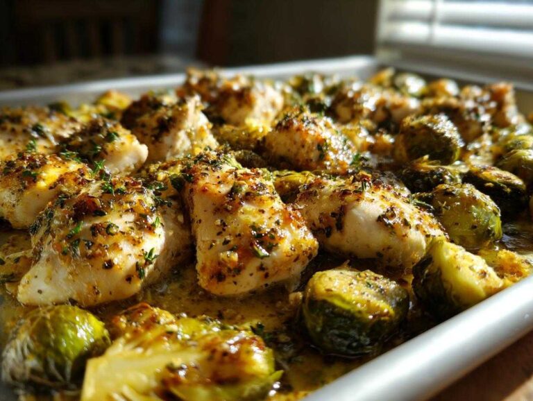 Close-up of juicy Sheet Pan Garlic Butter Chicken and Brussels Sprouts glistening in sauce on a baking tray.