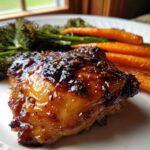 Close-up of a perfectly glazed Sheet Pan Ginger Orange Chicken Thighs served with roasted carrots and broccoli.