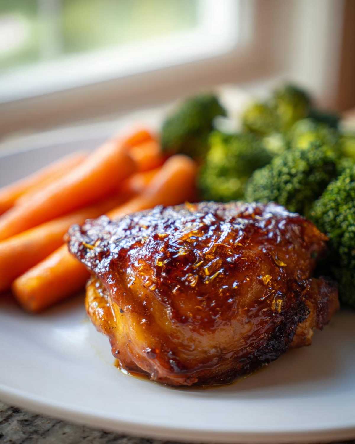 A close-up of a glazed Sheet Pan Ginger Orange Chicken Thighs served with steamed carrots and broccoli.