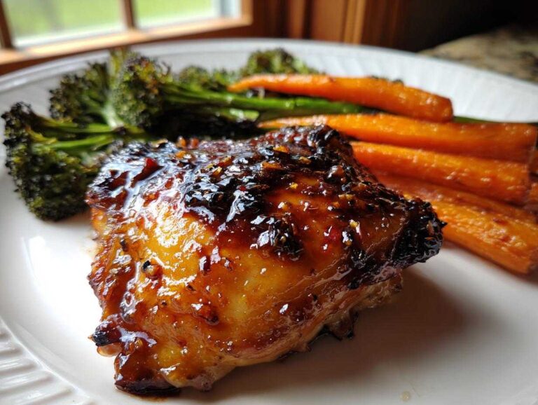 Close-up of a perfectly glazed Sheet Pan Ginger Orange Chicken Thighs served with roasted carrots and broccoli.