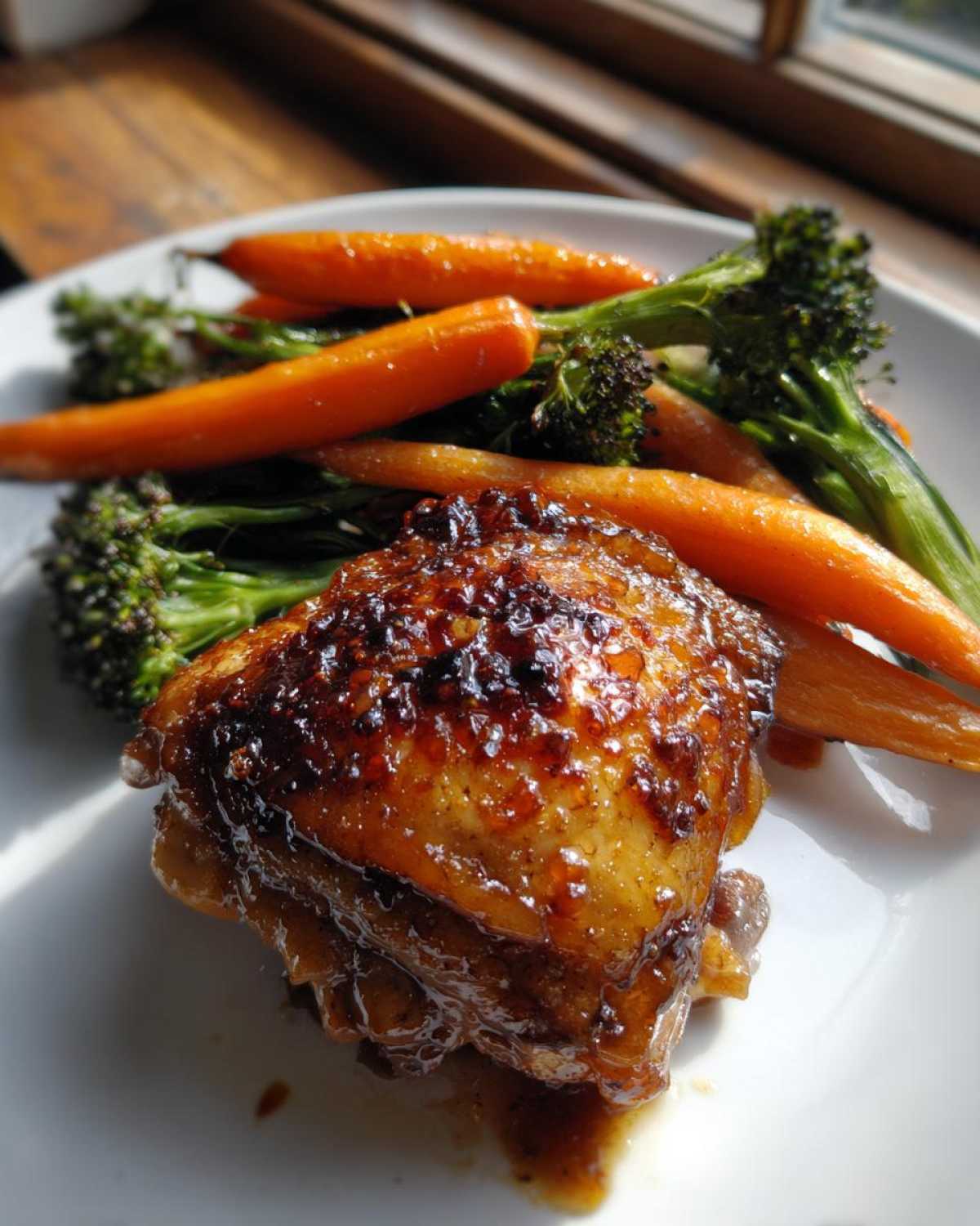 A close-up of a glazed Sheet Pan Ginger Orange Chicken Thighs served with roasted carrots and broccoli florets.