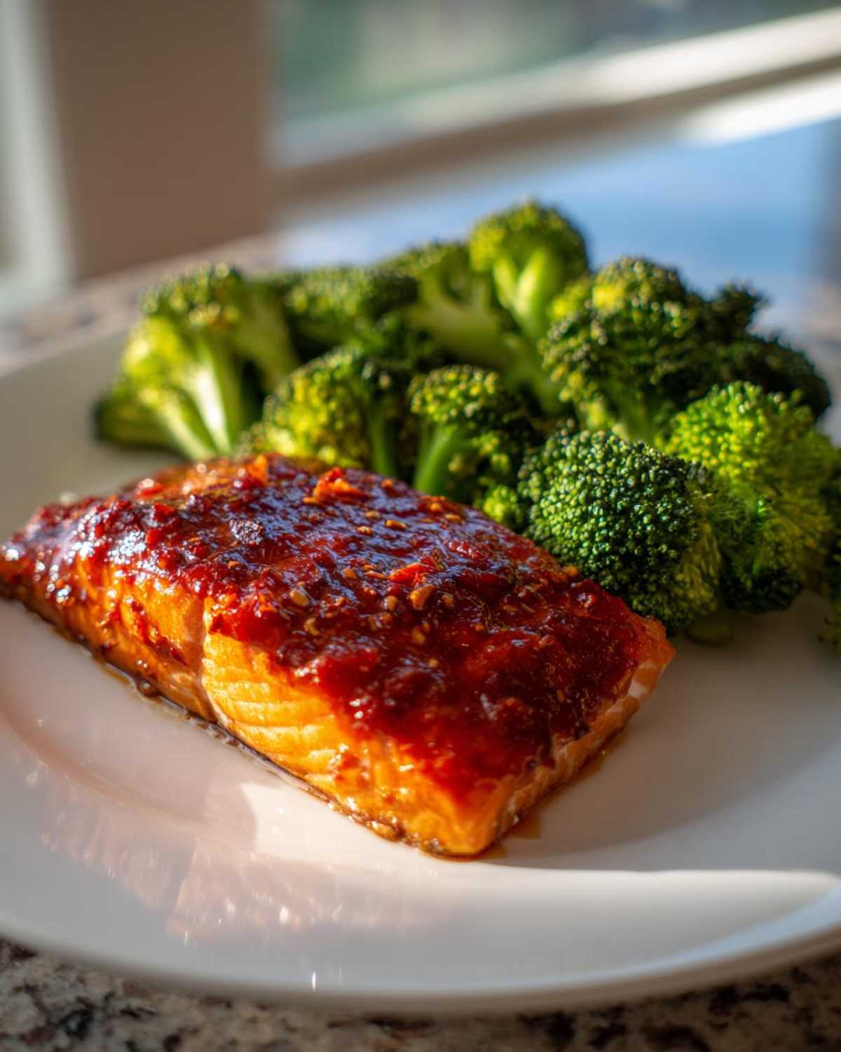 A perfectly cooked fillet of Sheet Pan Honey Harissa Salmon topped with a thick, glossy red glaze, served next to bright green steamed broccoli florets.