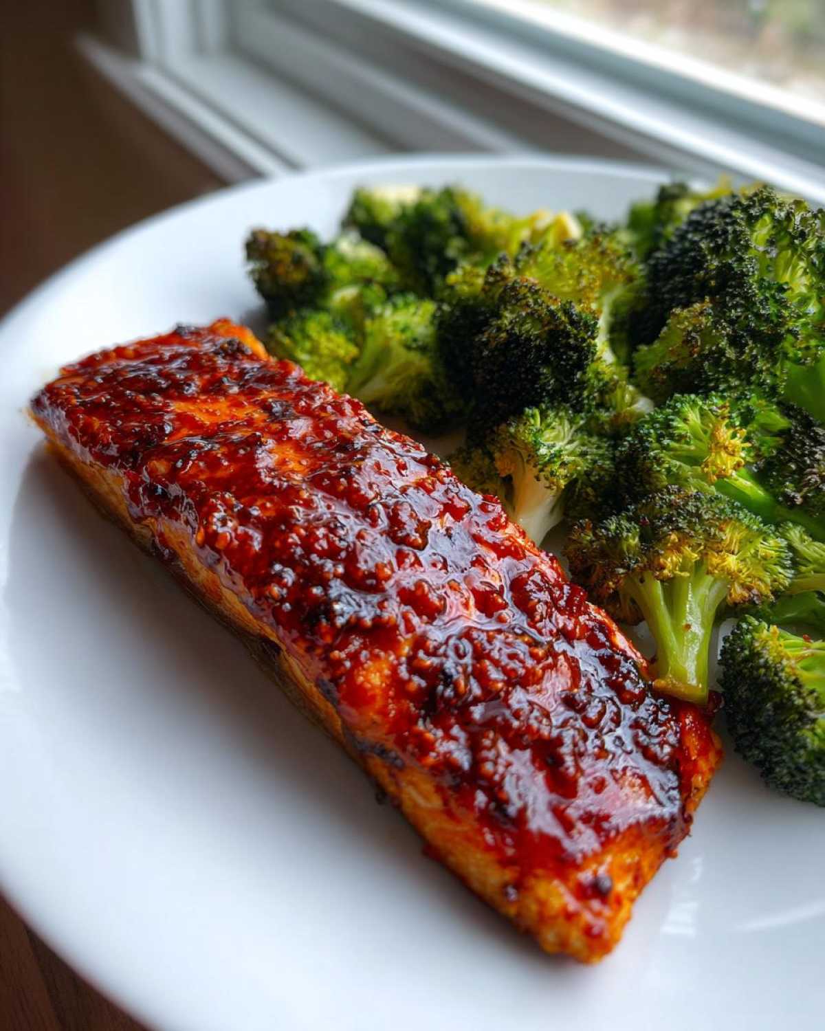 A close-up of a glistening Sheet Pan Honey Harissa Salmon fillet served next to roasted broccoli florets on a white plate.