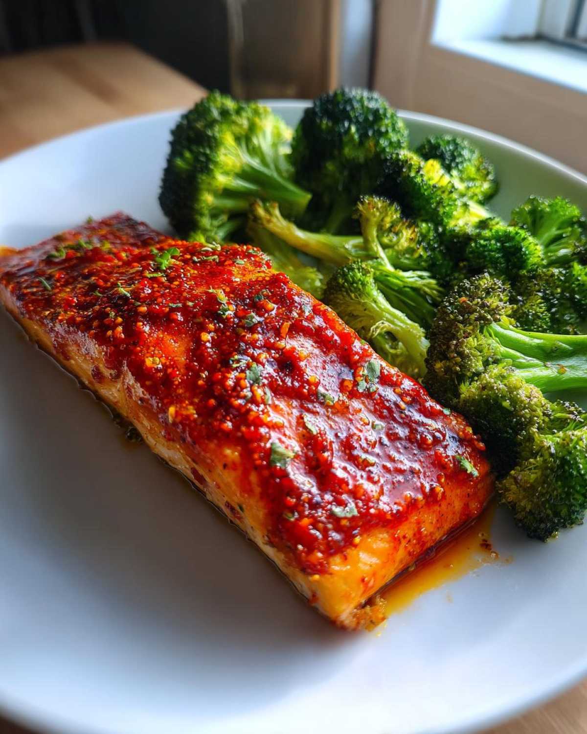 Close-up of a cooked salmon fillet topped with vibrant red honey harissa glaze next to roasted broccoli.