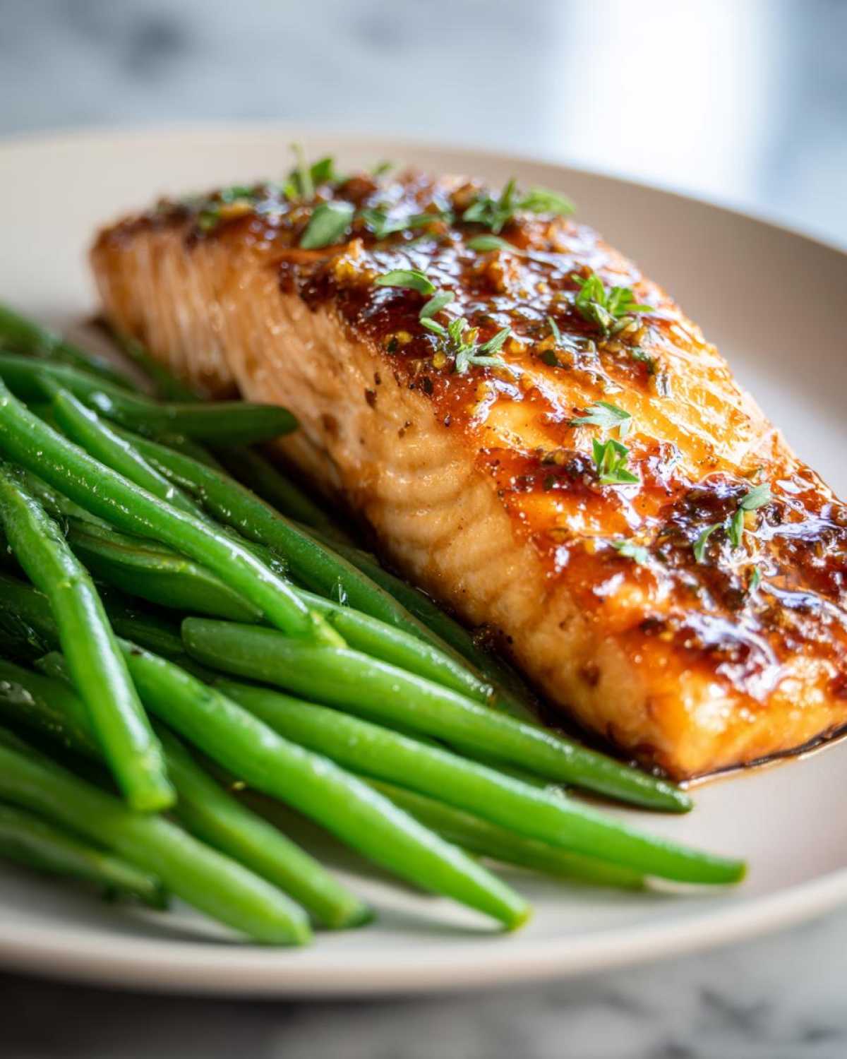 Close-up of a perfectly cooked salmon fillet covered in a shiny glaze next to bright green beans, part of the Sheet Pan Honey Mustard Salmon.