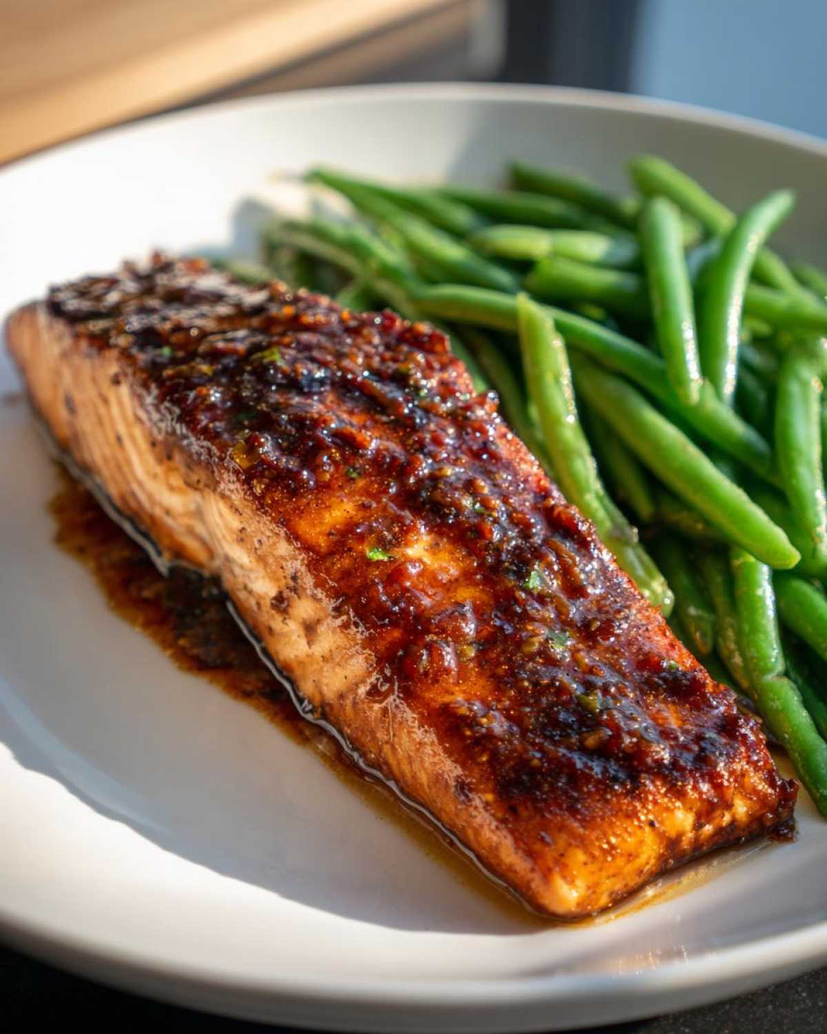 A close-up of a perfectly cooked salmon fillet topped with a dark, sticky glaze next to bright green beans.