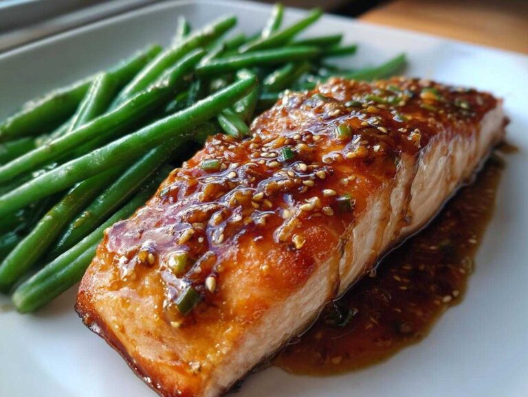 Close-up of a perfectly cooked salmon fillet topped with honey mustard glaze and sesame seeds next to bright green beans.