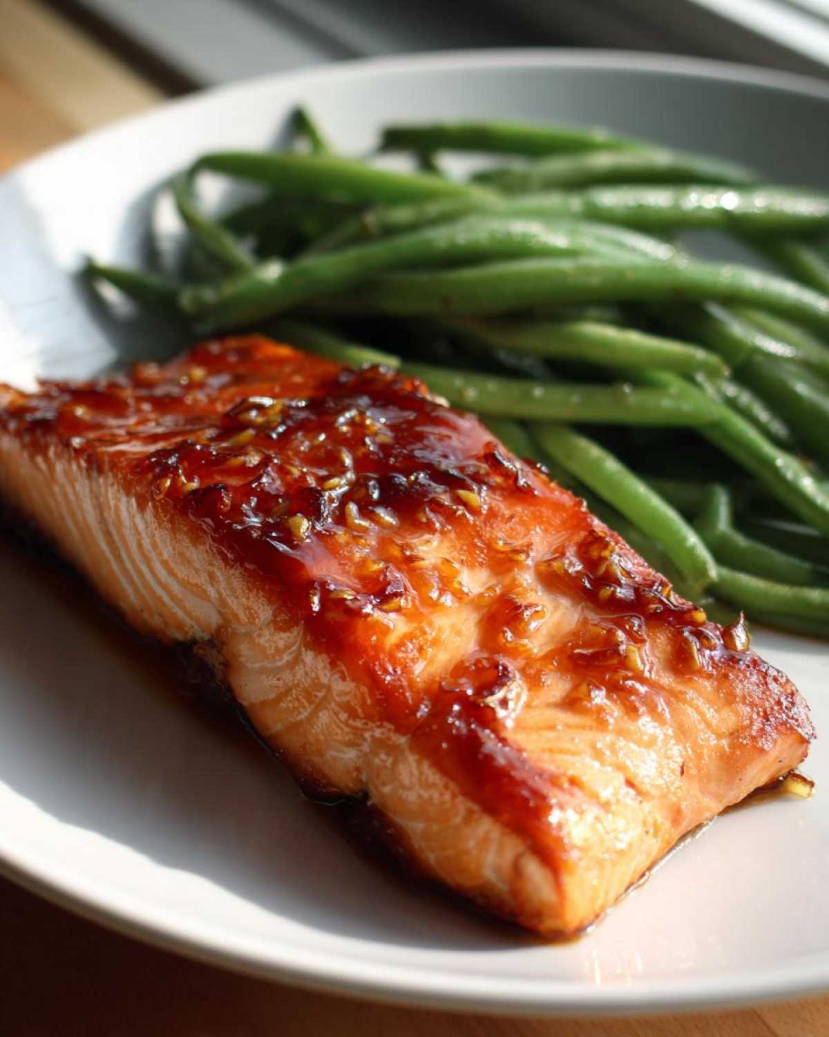 Close-up of a perfectly cooked salmon fillet glazed with honey mustard next to bright green beans.
