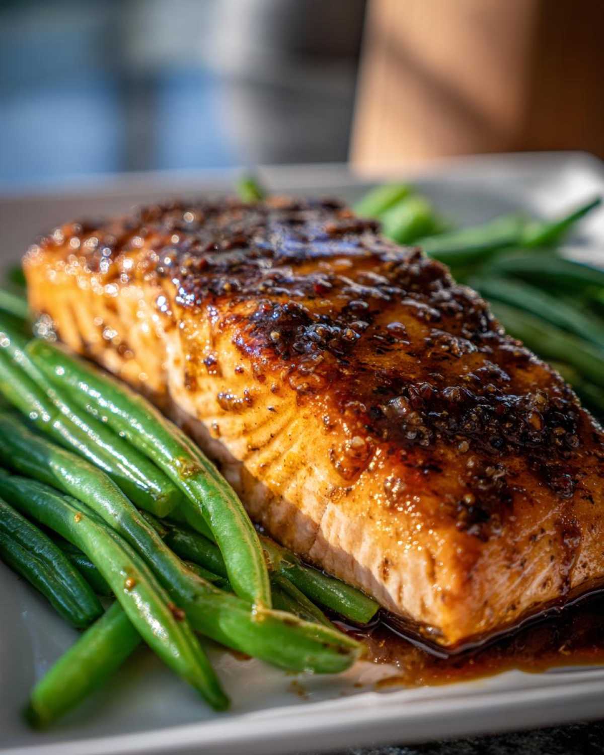 Close-up of a perfectly cooked salmon fillet topped with a dark honey mustard glaze, served alongside bright green beans.