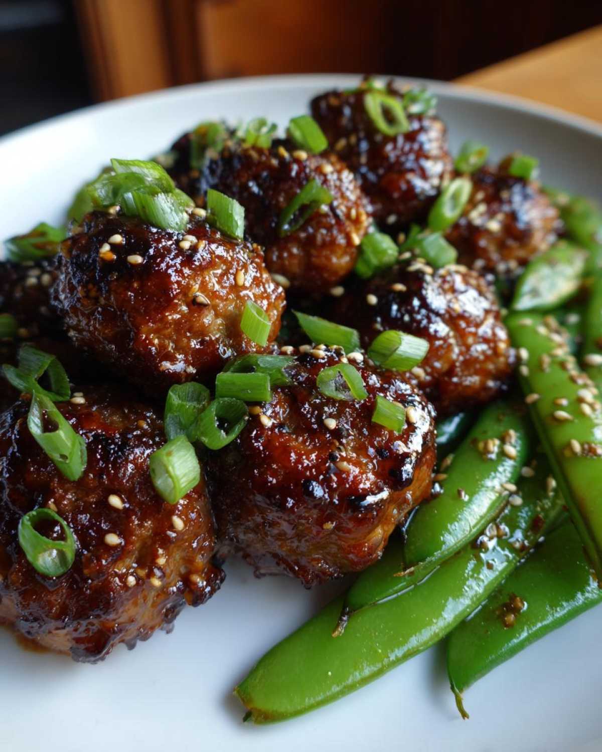Close-up of glazed Sheet Pan Sticky Sesame Meatballs garnished with sesame seeds and sliced green onions next to bright snap peas.