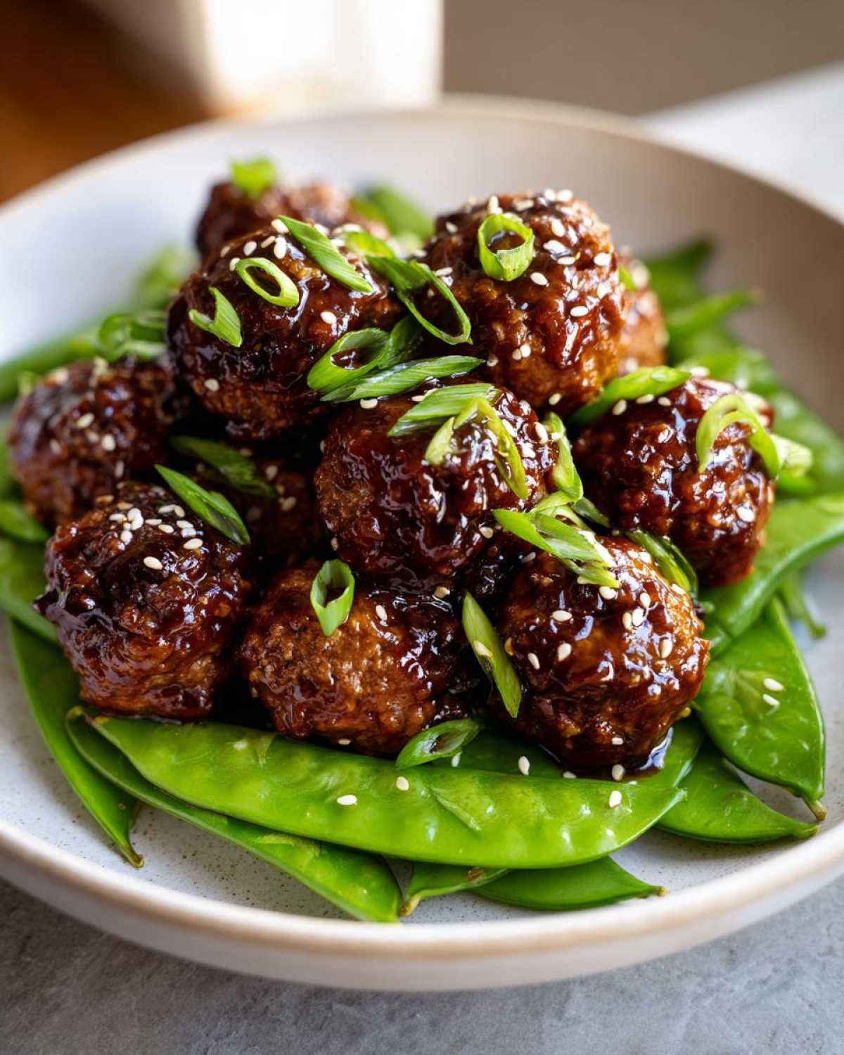 Close-up of Sheet Pan Sticky Sesame Meatballs glazed with sauce and topped with sesame seeds and green onions, served over bright green snap peas.