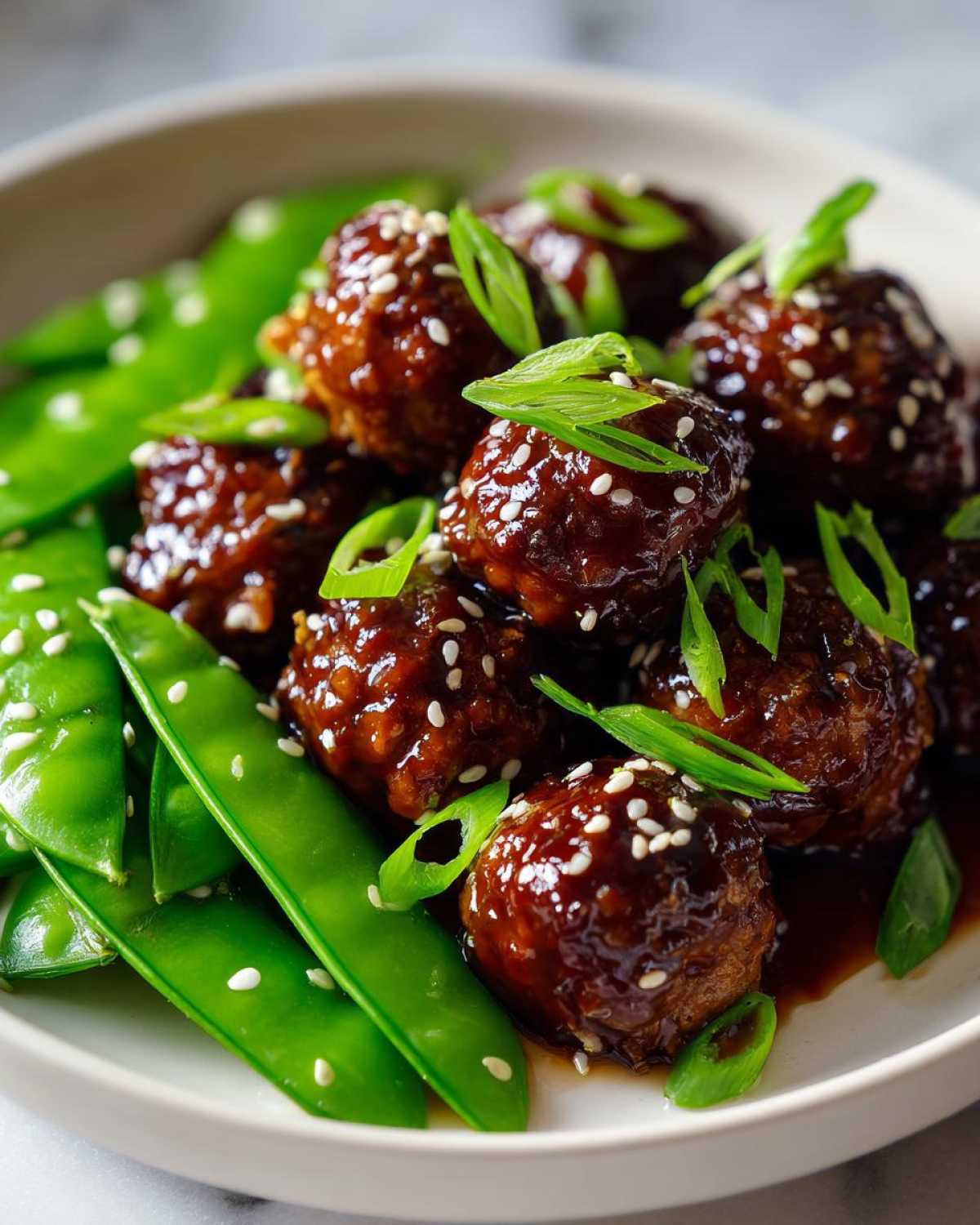 Close-up of glazed Sheet Pan Sticky Sesame Meatballs served with vibrant green snap peas and garnished with sesame seeds and scallions.