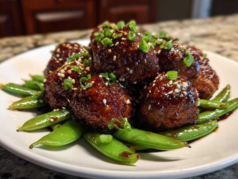 Amazing Sheet Pan Sticky Sesame Meatballs 40 Min Close-up of glazed Sheet Pan Sticky Sesame Meatballs with Snap Peas garnished with sesame seeds and green onions.