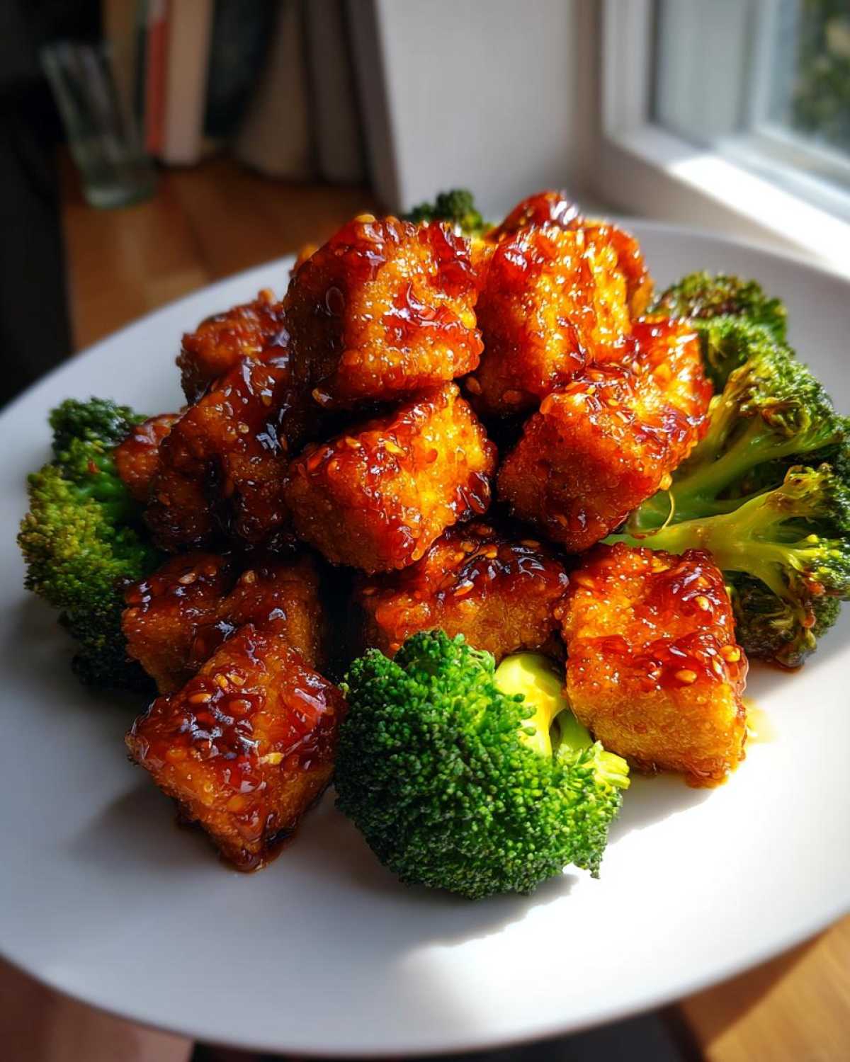 Crispy cubes of Sheet Pan Sweet Chili Tofu with Broccoli served on a white plate, glistening with sauce.