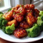 Glazed pieces of Sheet Pan Sweet Chili Tofu nestled among bright green broccoli florets on a white plate.