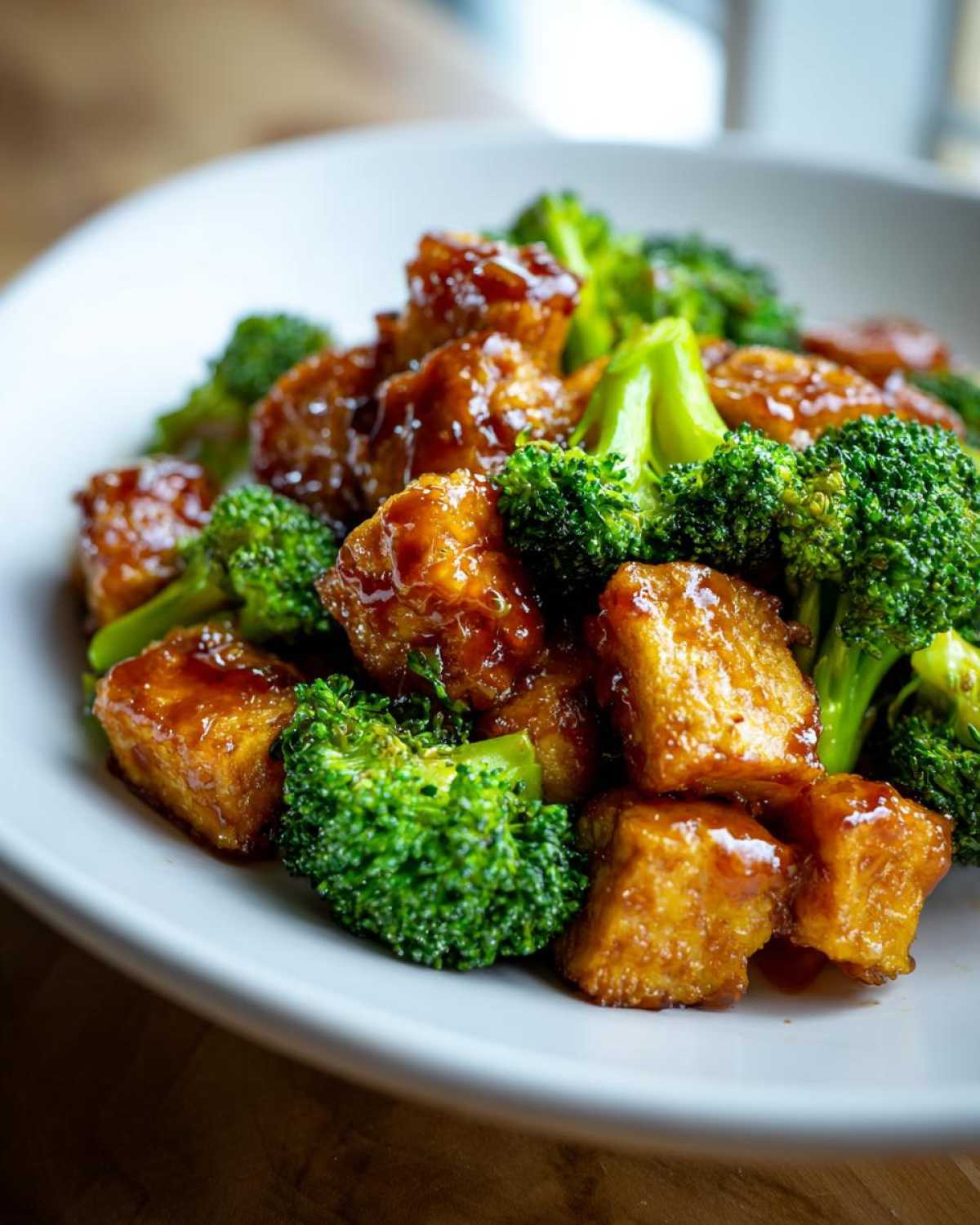 Close-up of crispy tofu cubes coated in sweet chili glaze mixed with bright green broccoli florets.
