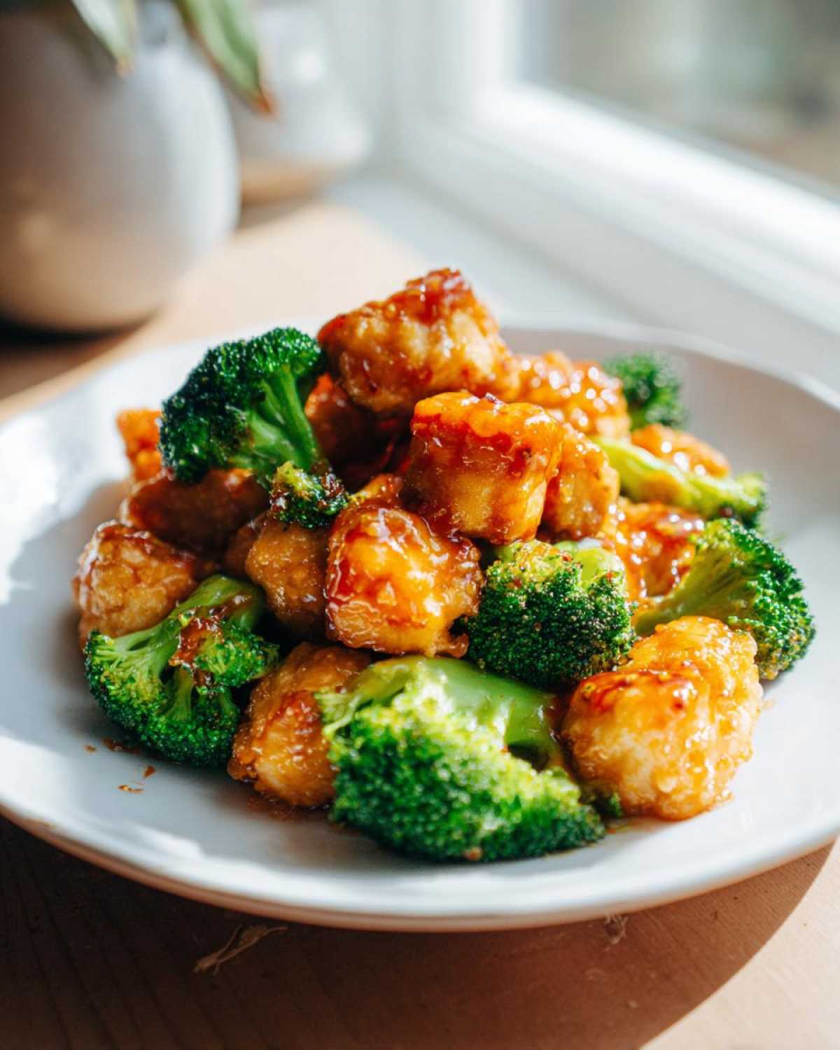 Close-up of crispy tofu cubes coated in sweet chili sauce mixed with bright green broccoli florets.