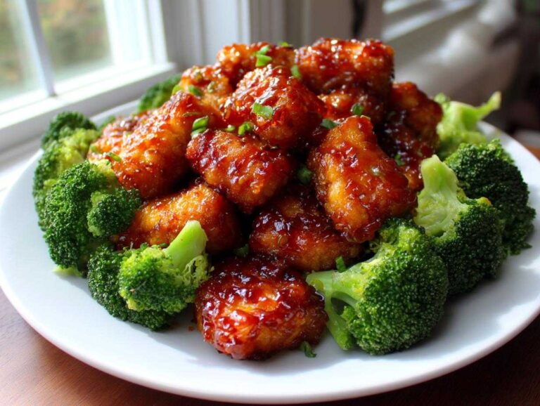 Glazed pieces of Sheet Pan Sweet Chili Tofu nestled among bright green broccoli florets on a white plate.