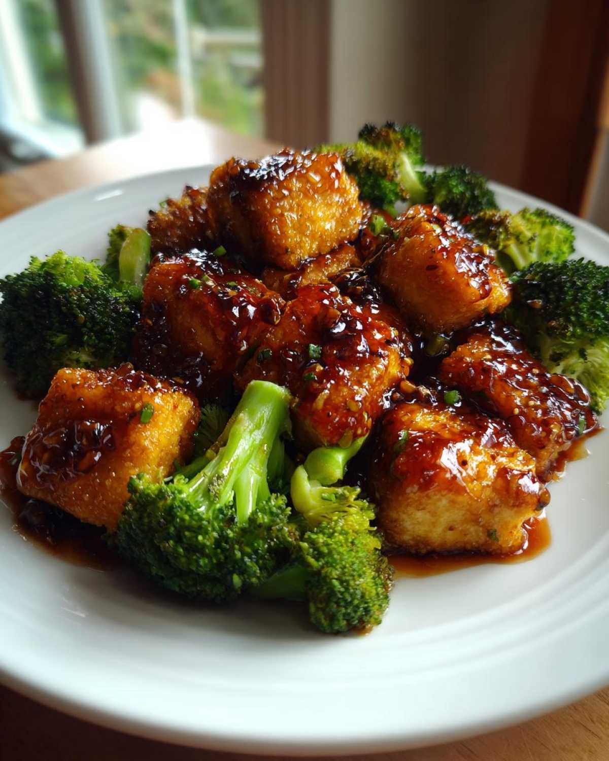 Close-up of crispy tofu cubes coated in sweet chili glaze served with bright green broccoli florets.