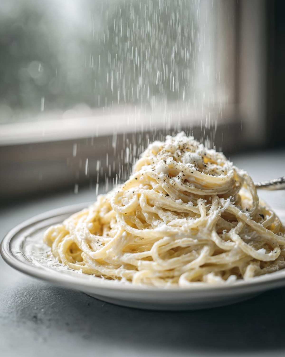 Spaghetti generously coated in creamy Easy Cottage Cheese Alfredo Sauce being topped with grated cheese.