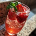 Close-up of a glass filled with Sparkling Strawberry Basil Lemonade, garnished with fresh strawberry slices and a basil sprig.