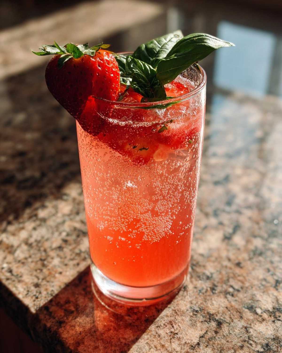 Close-up of a tall glass filled with Sparkling Strawberry Basil Lemonade, garnished with a fresh strawberry and basil leaves.