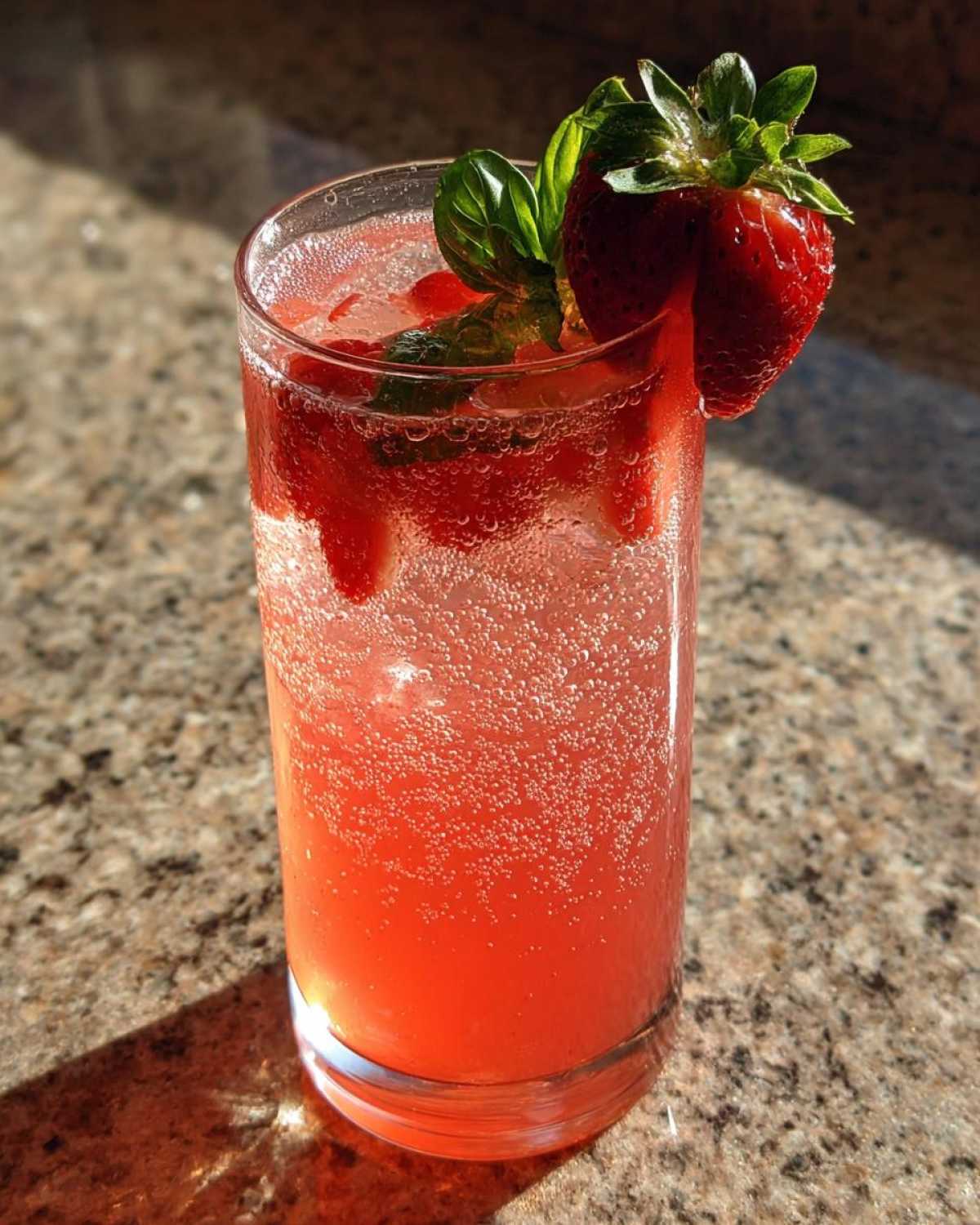 A tall glass filled with vibrant, fizzy Sparkling Strawberry Basil Lemonade, garnished with a fresh strawberry and basil leaves.