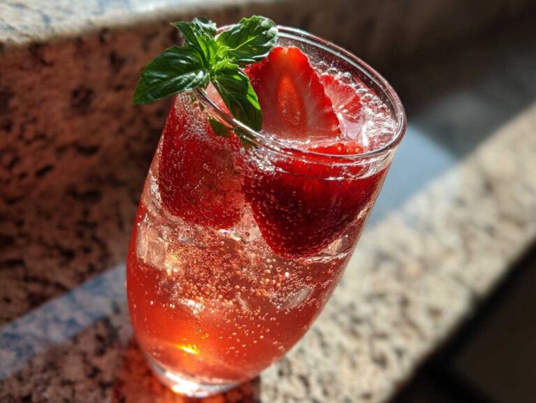 Close-up of a glass filled with Sparkling Strawberry Basil Lemonade, garnished with fresh strawberry slices and a basil sprig.