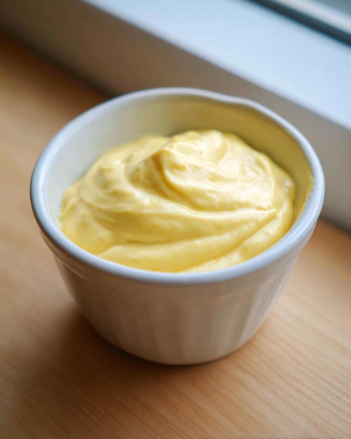Close-up of thick, bright yellow Vegan Creamy Lemon Tahini Dressing swirled in a small white ramekin.