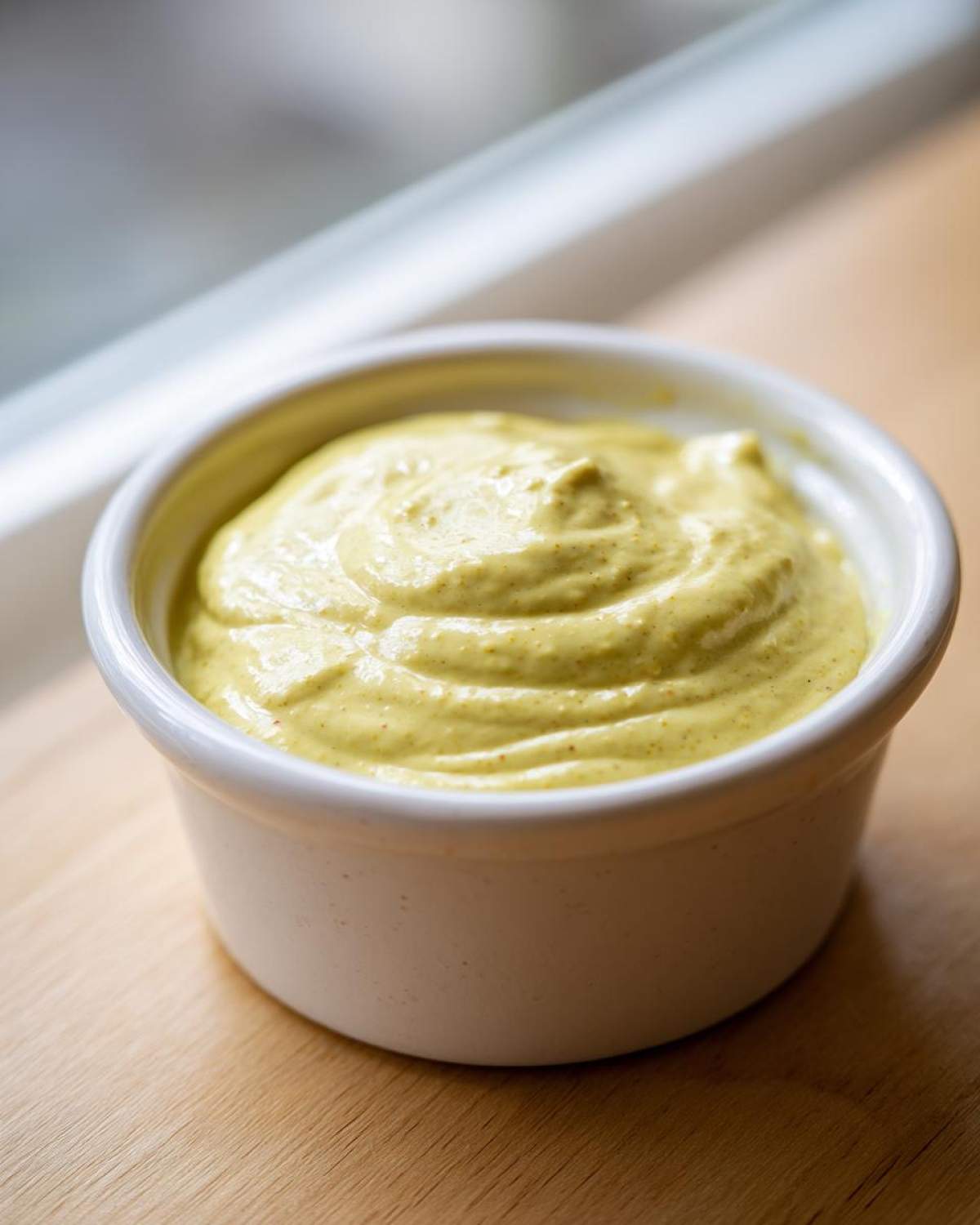 Close-up of thick, yellow Vegan Creamy Lemon Tahini Dressing swirled in a small white ramekin.