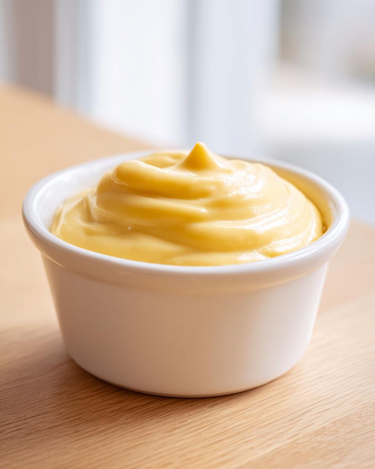 Close-up of thick, smooth Vegan Creamy Lemon Tahini Dressing swirled high in a small white ramekin.