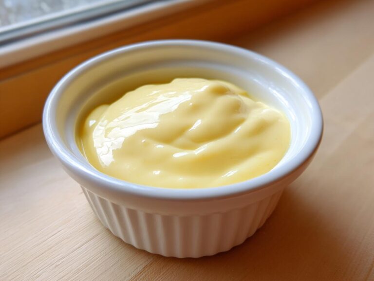 Close-up of thick, creamy Vegan Creamy Lemon Tahini Dressing in a small white fluted ramekin.