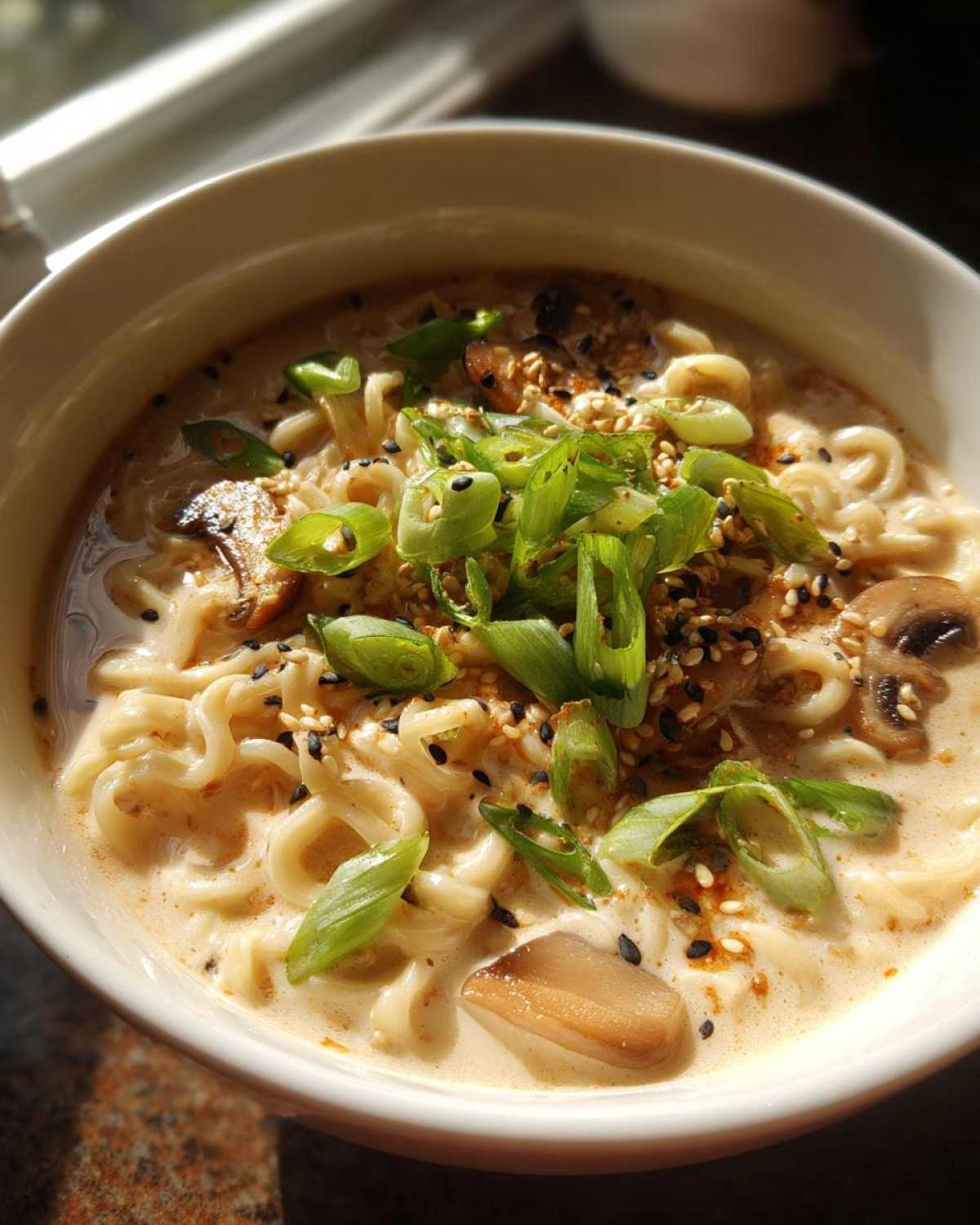 Close-up of a bowl of Vegan Creamy Miso Sesame Noodle Soup topped with scallions and sesame seeds.