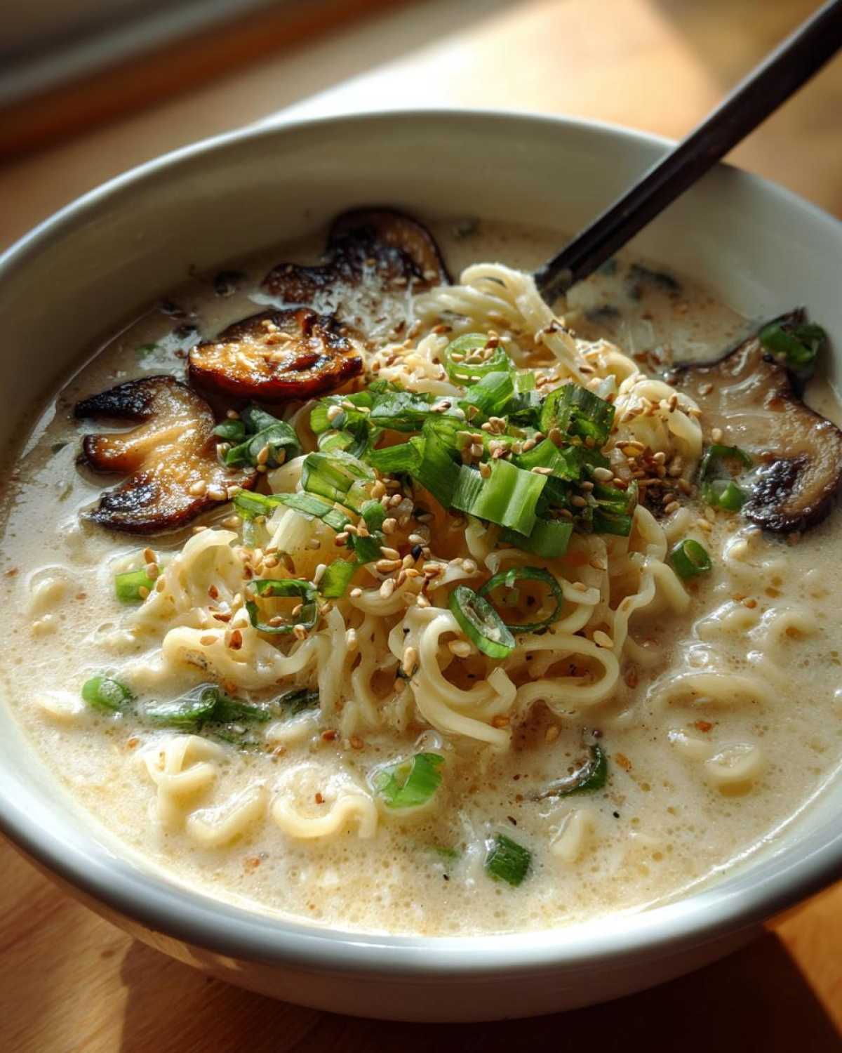 A close-up of Vegan Creamy Miso Sesame Noodle Soup with ramen noodles, creamy broth, shiitake mushrooms, and green onions.