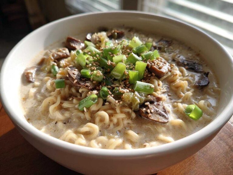Close-up of a bowl of Vegan Creamy Miso Sesame Noodle Soup topped with mushrooms, scallions, and sesame seeds.
