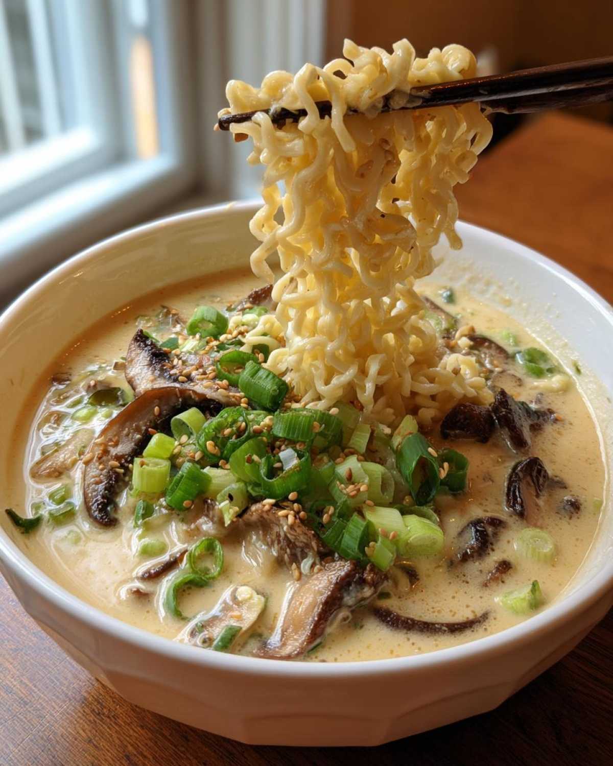 Chopsticks lifting curly noodles from a bowl of Vegan Creamy Miso Sesame Noodle Soup topped with mushrooms and scallions.