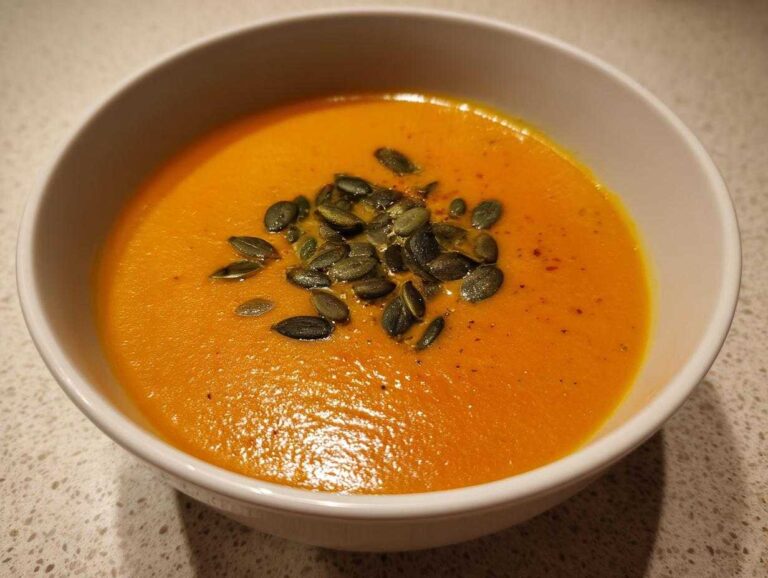 Close-up of a white bowl filled with bright orange Vegan Creamy Roasted Carrot Ginger Soup, topped with dark green pumpkin seeds.