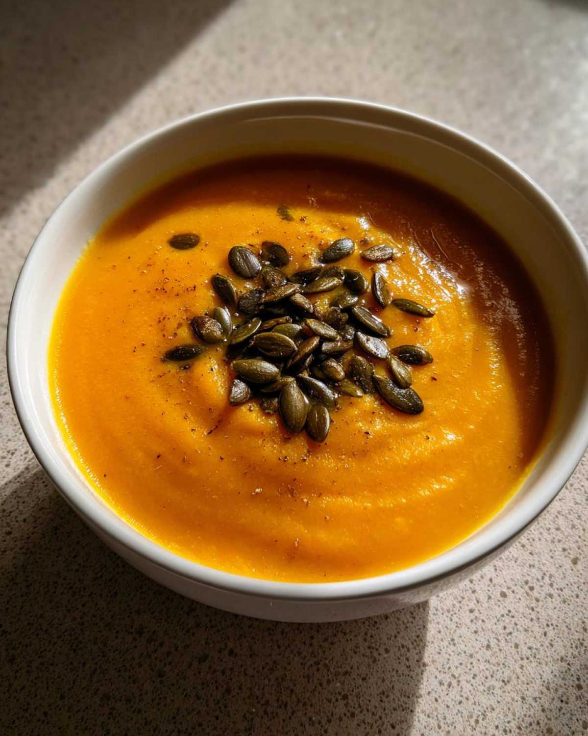 A vibrant bowl of Vegan Creamy Roasted Carrot Ginger Soup topped generously with dark green pumpkin seeds.