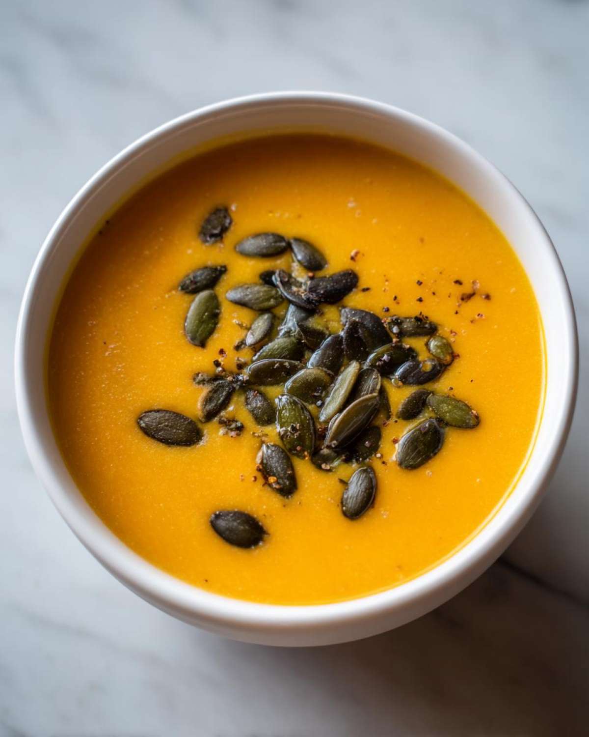 Overhead shot of bright orange Vegan Creamy Roasted Carrot Ginger Soup topped with dark roasted pumpkin seeds and pepper.