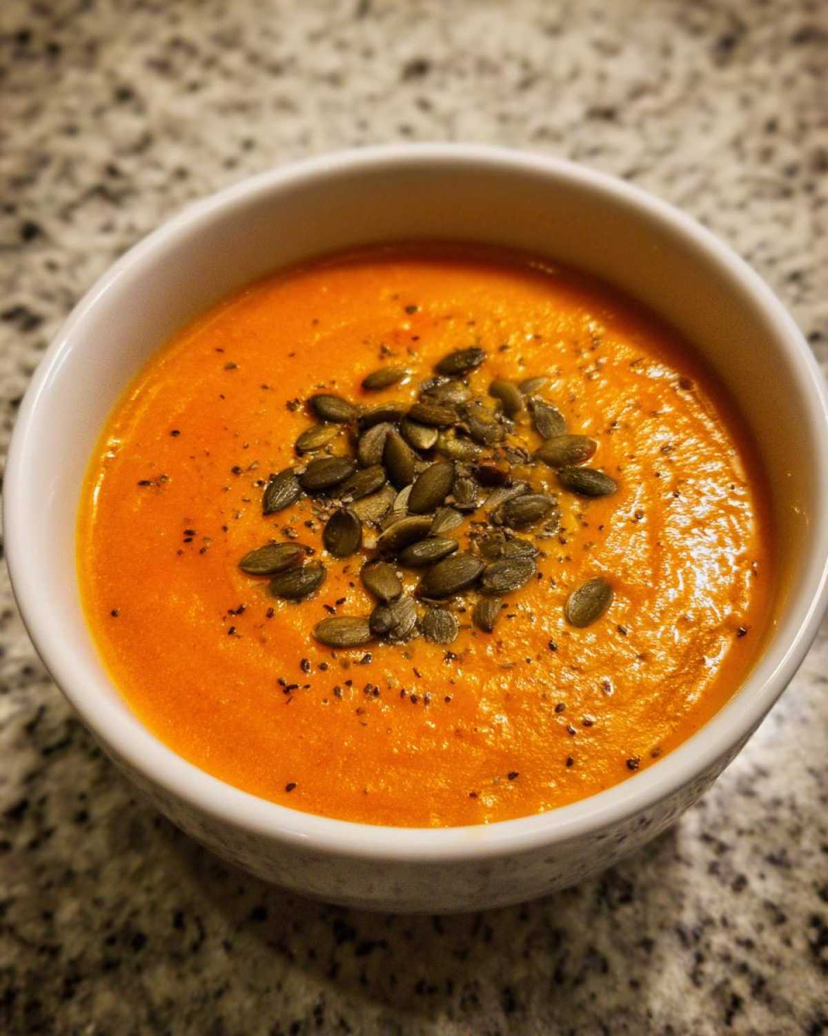 Close-up of a vibrant orange Vegan Creamy Roasted Carrot Ginger Soup topped with toasted pumpkin seeds and black pepper.
