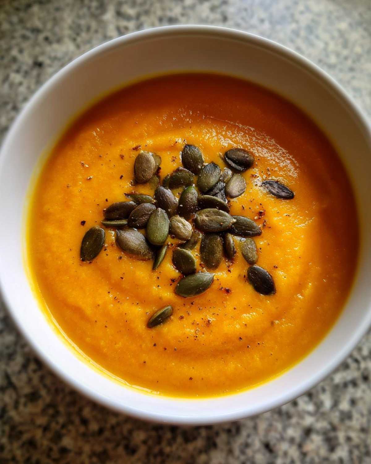 Close-up of bright orange Vegan Creamy Roasted Carrot Ginger Soup topped with dark green pumpkin seeds.