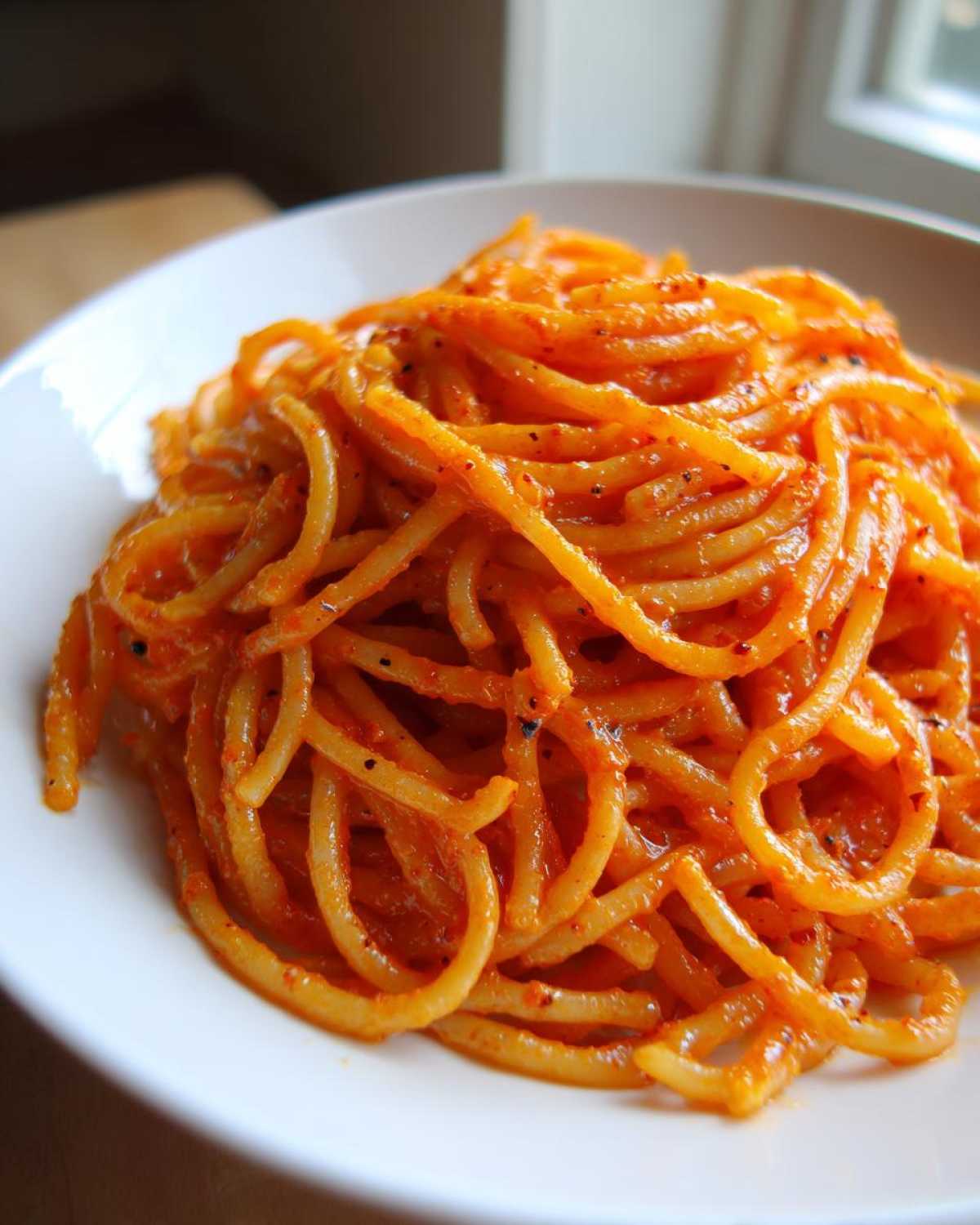 A close-up of spaghetti coated in a vibrant orange, creamy sauce, representing Vegan Creamy Roasted Red Pepper Hummus Pasta.