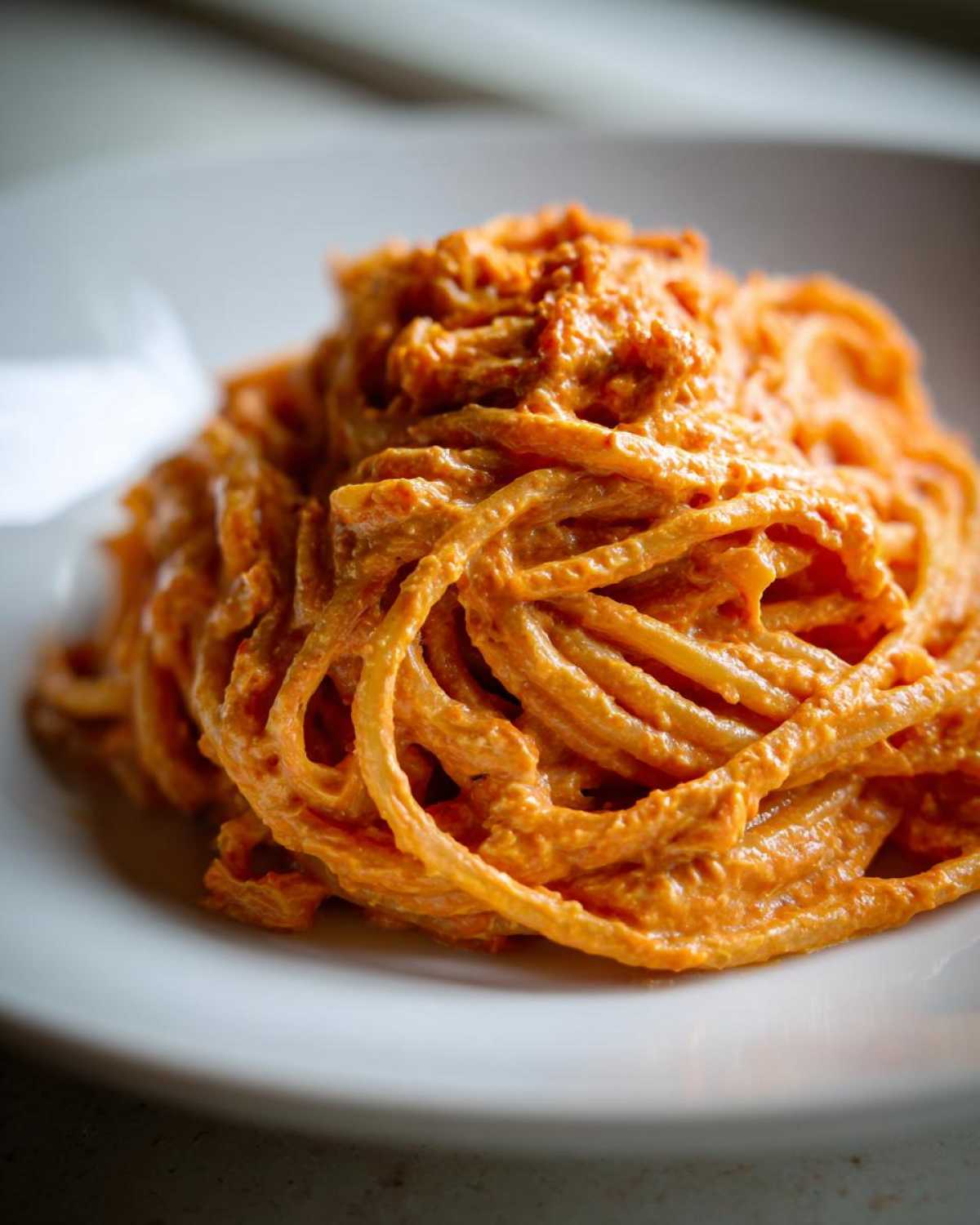 A close-up shot of a serving of Vegan Creamy Roasted Red Pepper Hummus Pasta coated in a thick, orange sauce on a white plate.