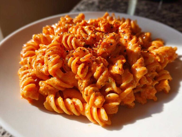 Close-up of Vegan Creamy Roasted Red Pepper Hummus Pasta made with fusilli, topped with spices.