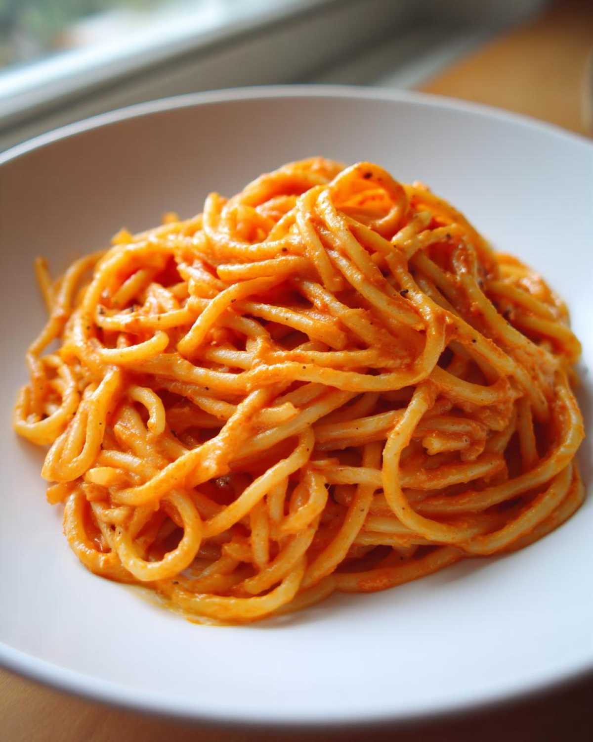 Close-up of a white bowl filled with spaghetti coated in a rich, orange Vegan Creamy Roasted Red Pepper Hummus Pasta sauce.